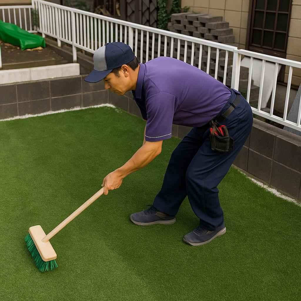デッキブラシなどを使って人工芝をメンテナンス