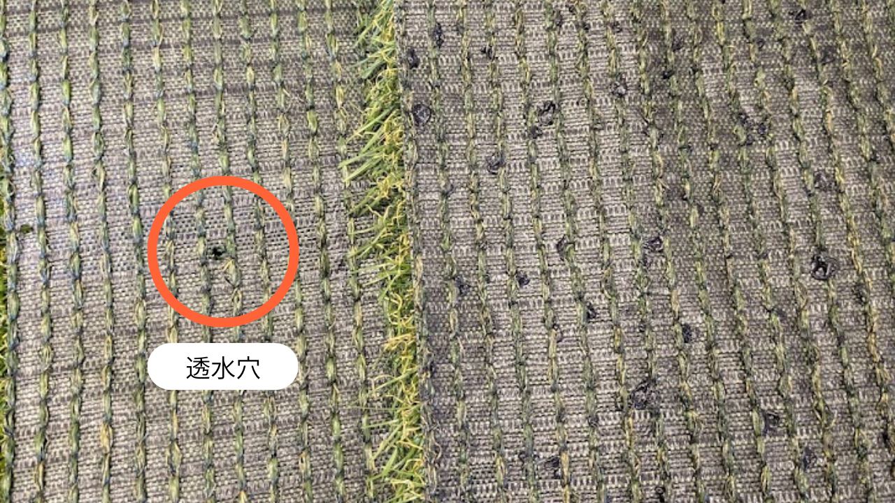 リアル質感 ロールタイプ人工芝ノーマルタイプと防草人工芝（防草シート一体型）の見分け方は、裏面の「通水穴」の有無