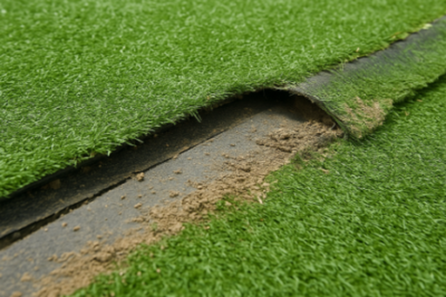 つなぎ目が目立ち、下地が露出する人工芝