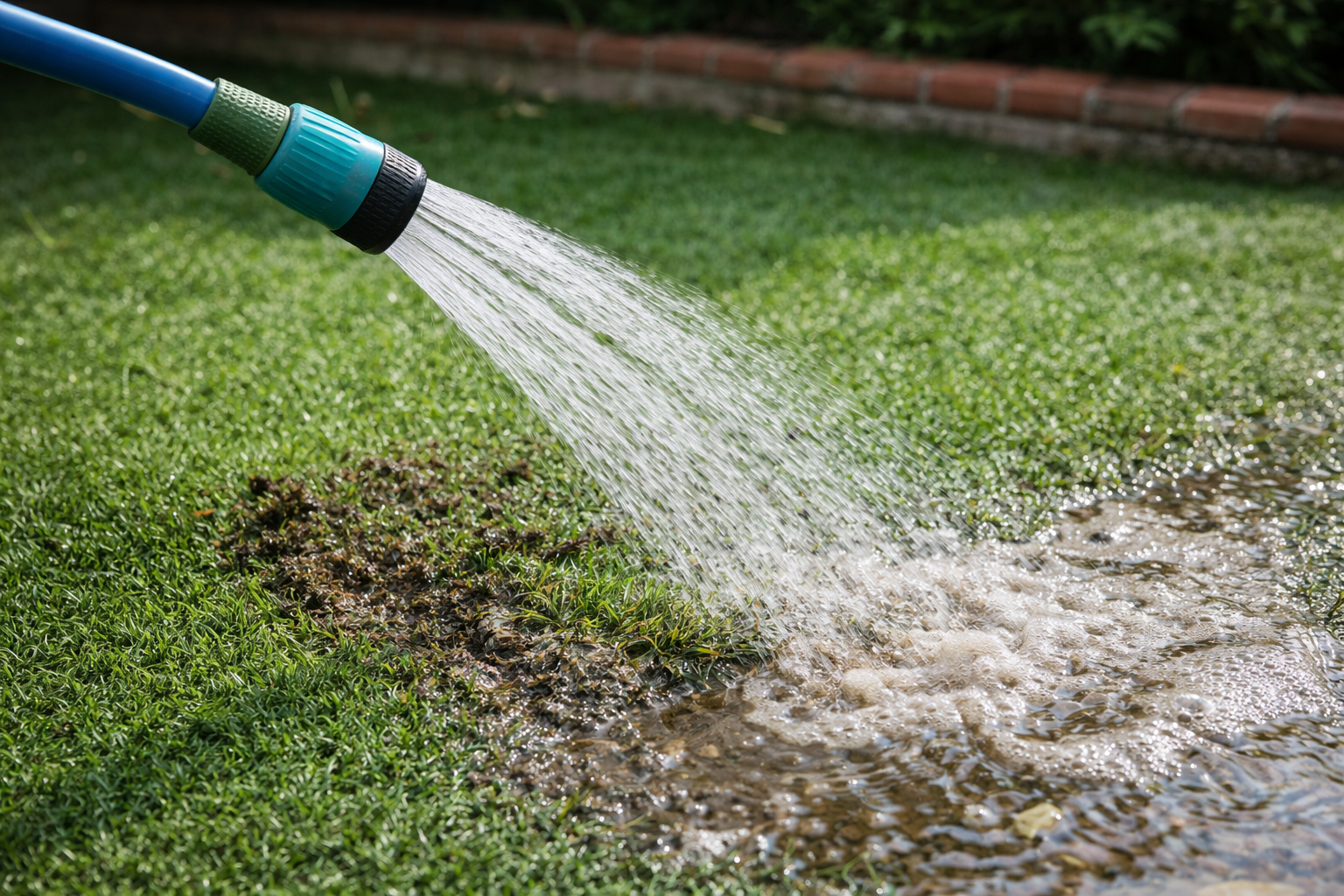 ホースの水で人工芝を洗浄する様子