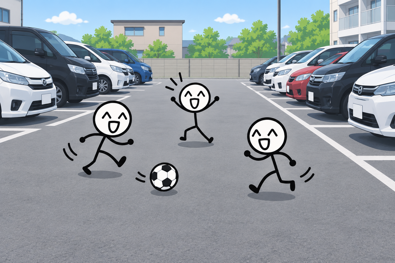 駐車場で楽しくボール遊びをする子どもたち